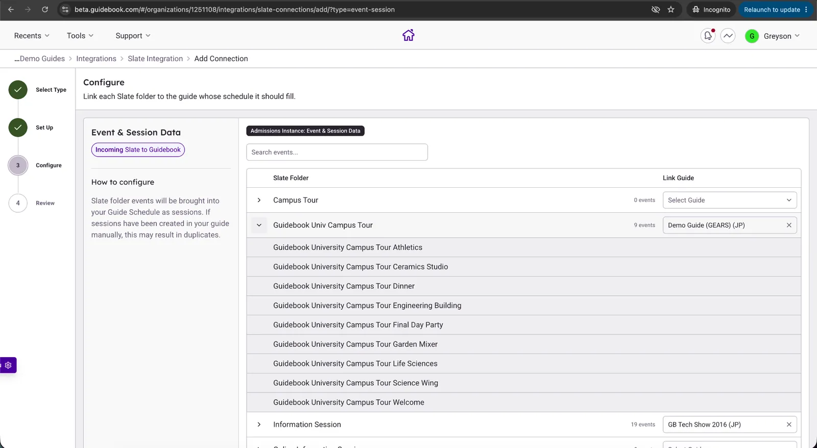 Builder screen mapping Slate folders to Guidebook guides