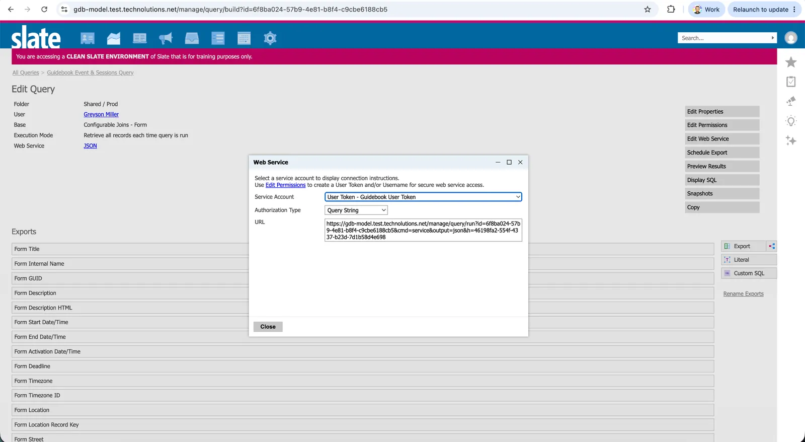 Slate JSON web service link with the generated URL and security key
