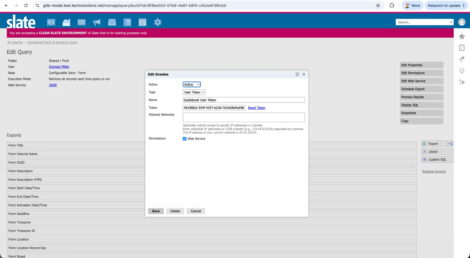 New grantee in Slate named Guidebook User Token with the Web Service permission