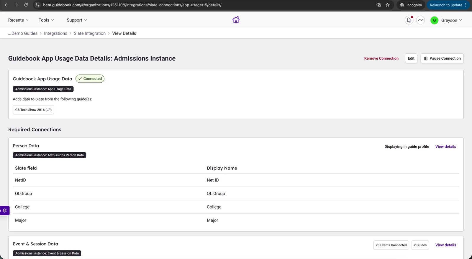 App Usage Data integration settings in Builder