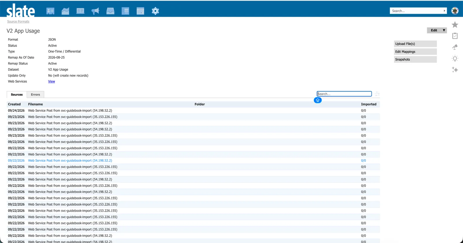 Rows in the Slate Source Format, including 0/0 connection tests