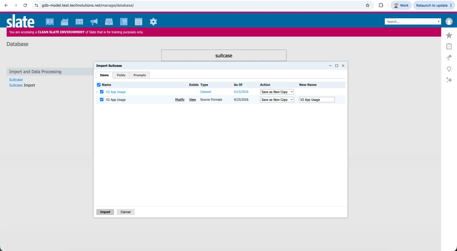 Slate import dialog with new names for the Dataset and Source format