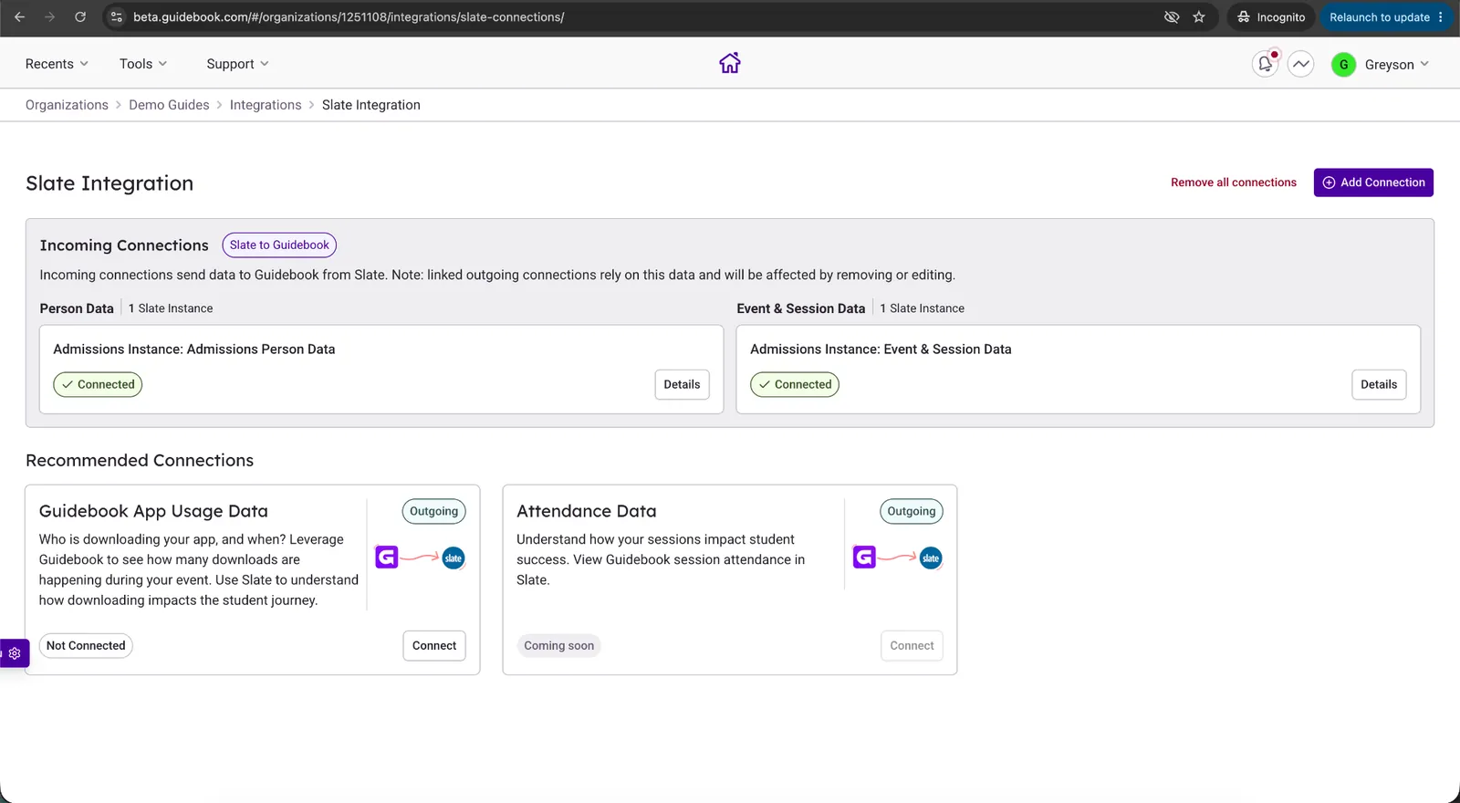 Slate integration in Builder with App Usage Data and the Connect button