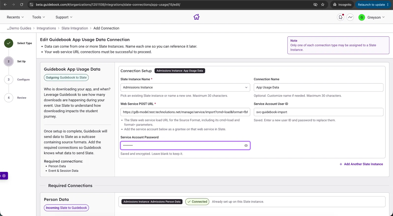 App Usage Data connection form with web service URL, security key and service account fields