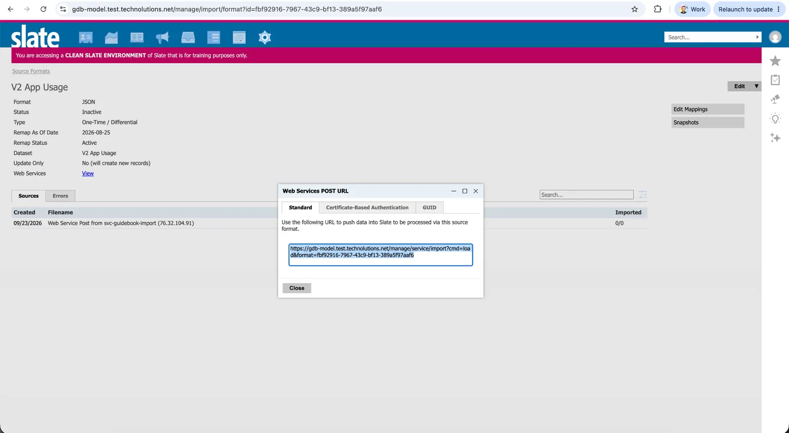 Source format page with the View link next to Web Service