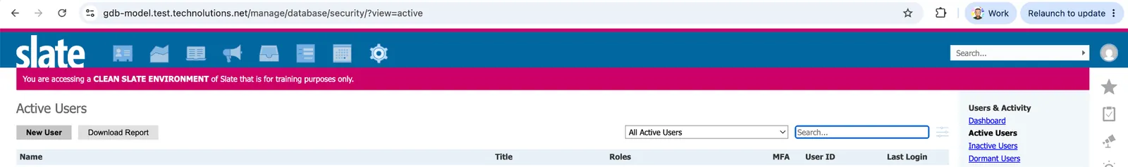 Slate User Permissions tab with the New User button