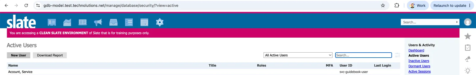 Service user account created in Slate