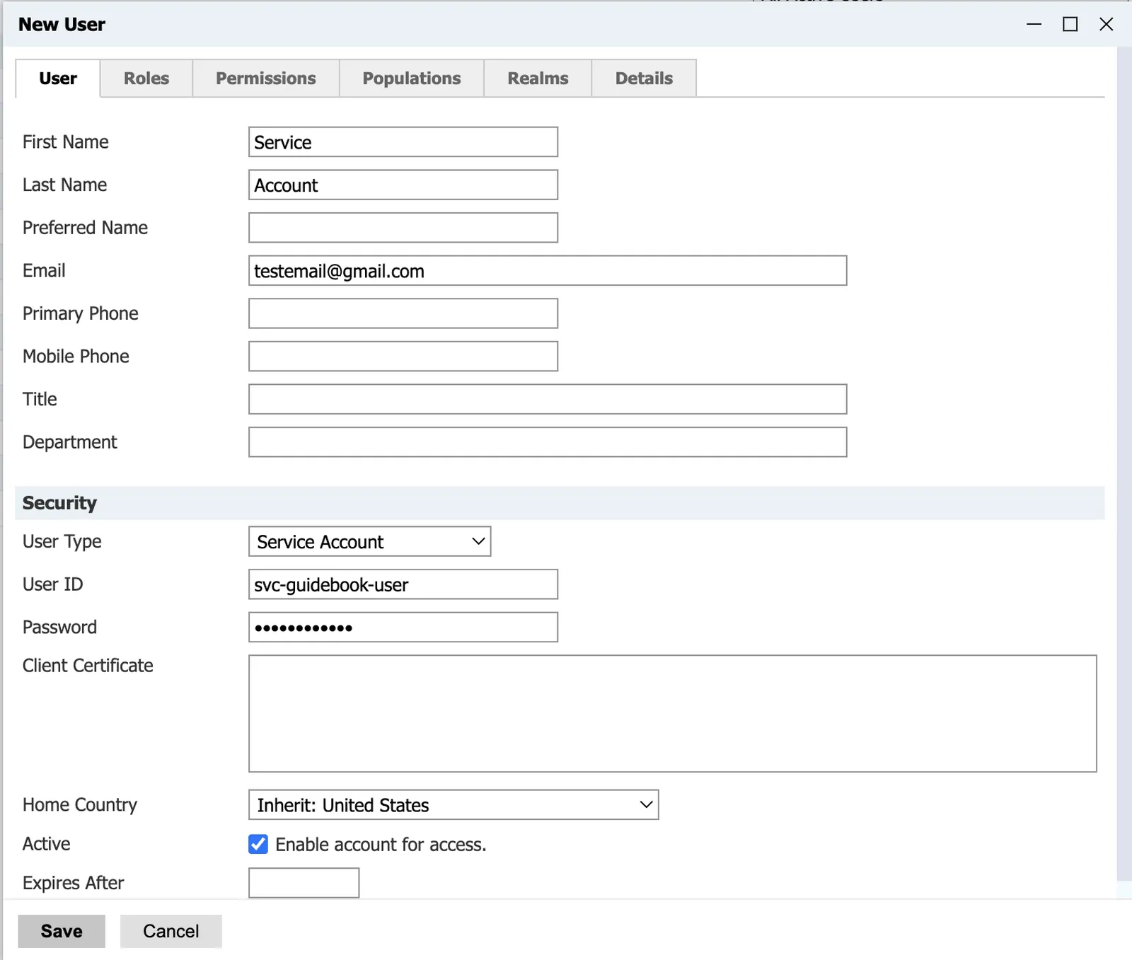 New service user account form in Slate