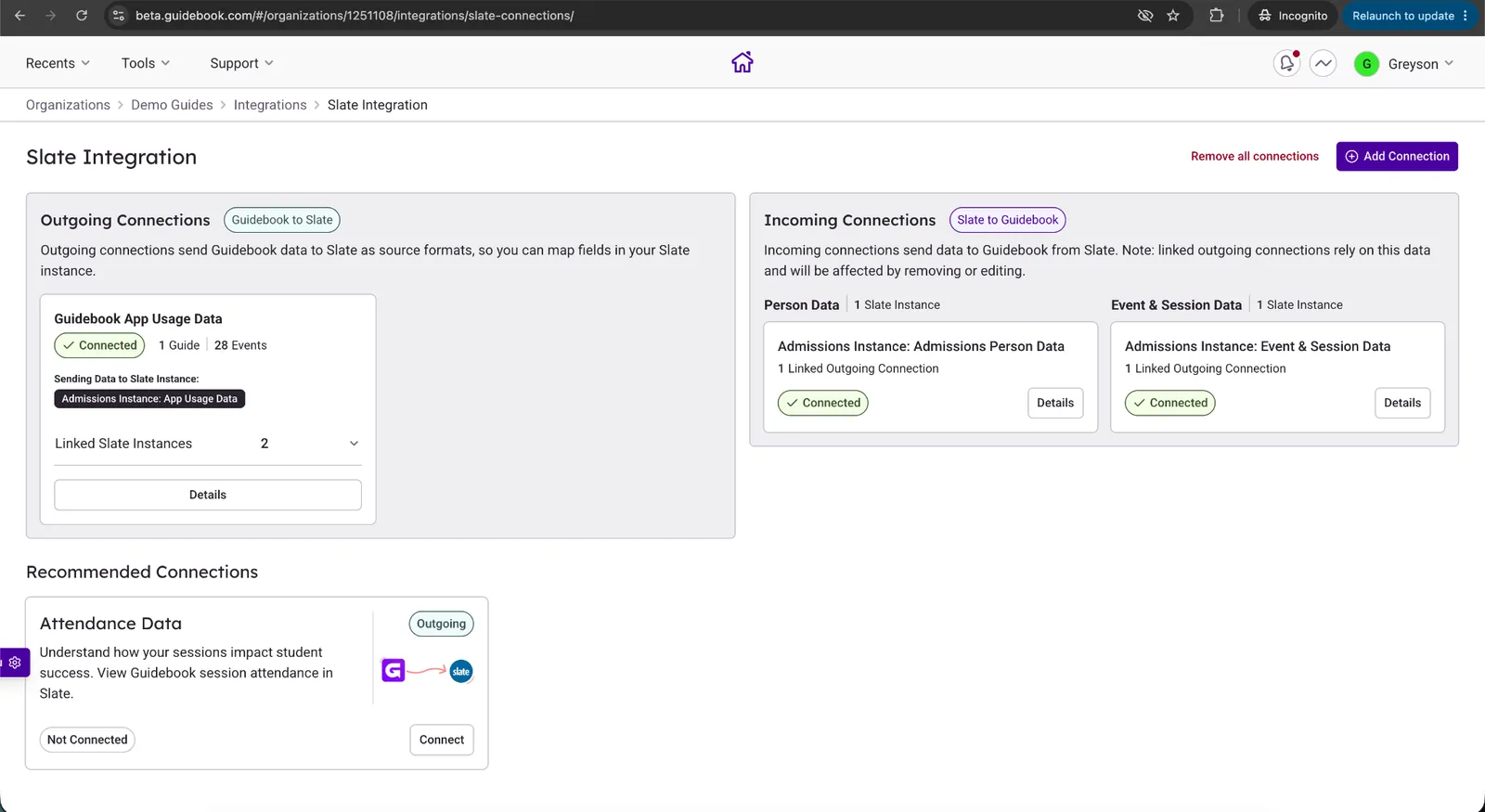 Slate integration in Builder with Attendance Data and the Connect button