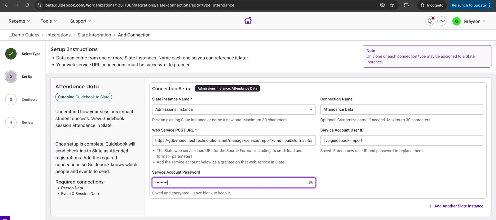Attendance Data connection form with web service URL, security key and service account fields