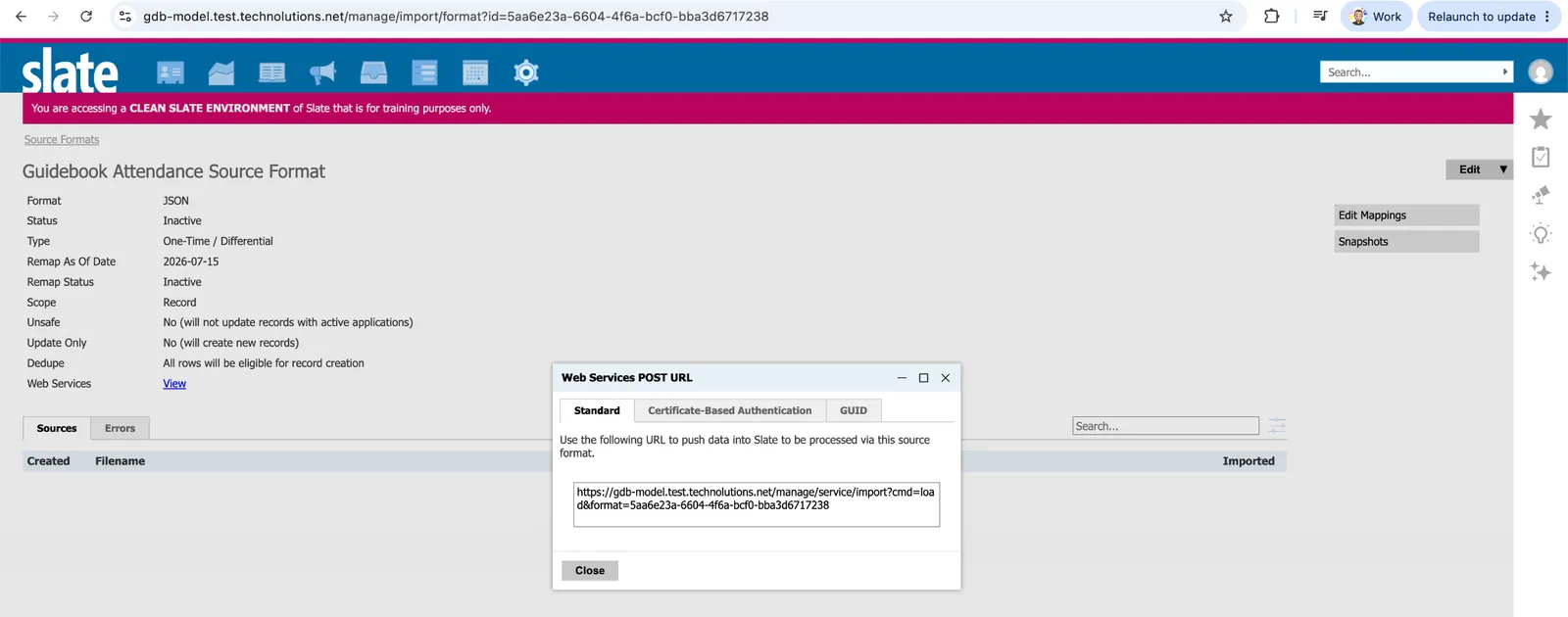 Source Format page with the View link next to Web Service