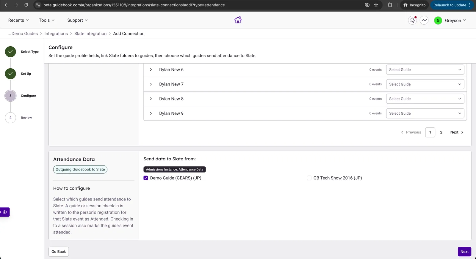 Guide selection for Attendance data, one enabled and one disabled