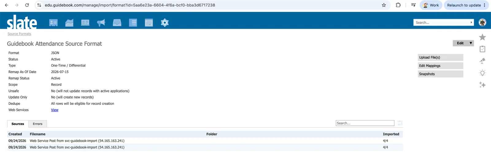 Rows in the Slate Source Format, including 0/0 connection tests
