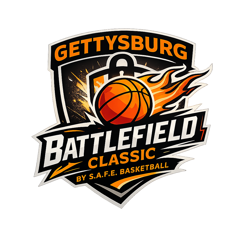 Logo for Gettysburg Battlefield Classic basketball event featuring a flaming basketball and bold text.