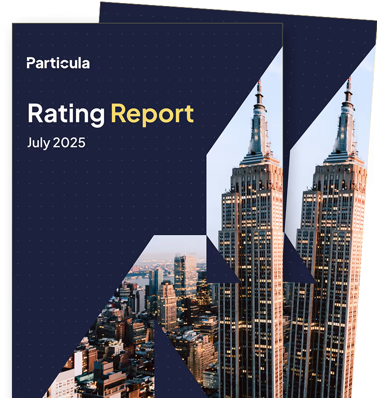 Cover of a rating report from July 2025 showing a cityscape with tall buildings. The design is sleek with navy and yellow accents, conveying professionalism.