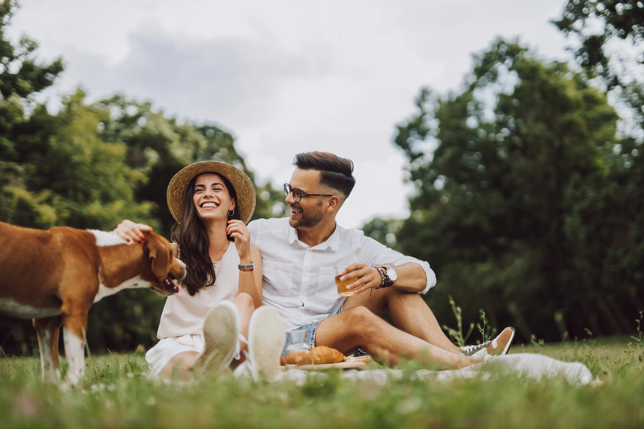 Couple laughing during picnic with dog in sunny park setting