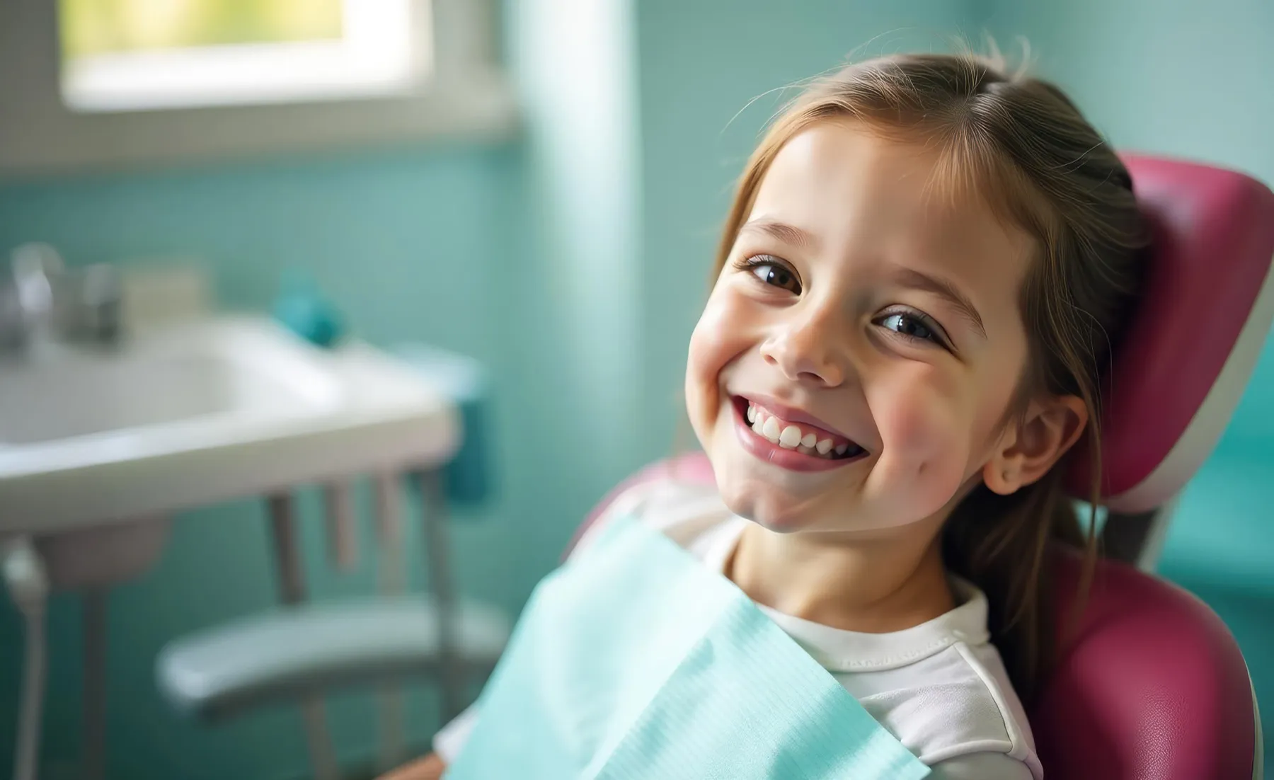 Smiling child sitting in dental chair, feeling happy and comfortable