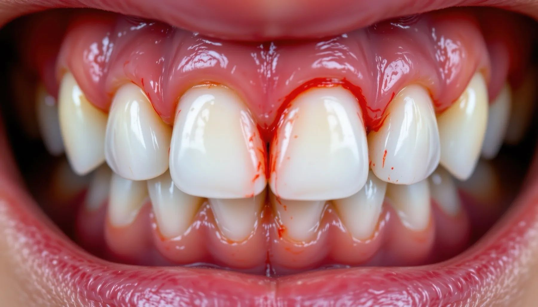 Close-up of healthy white teeth with pink gums and slight bleeding