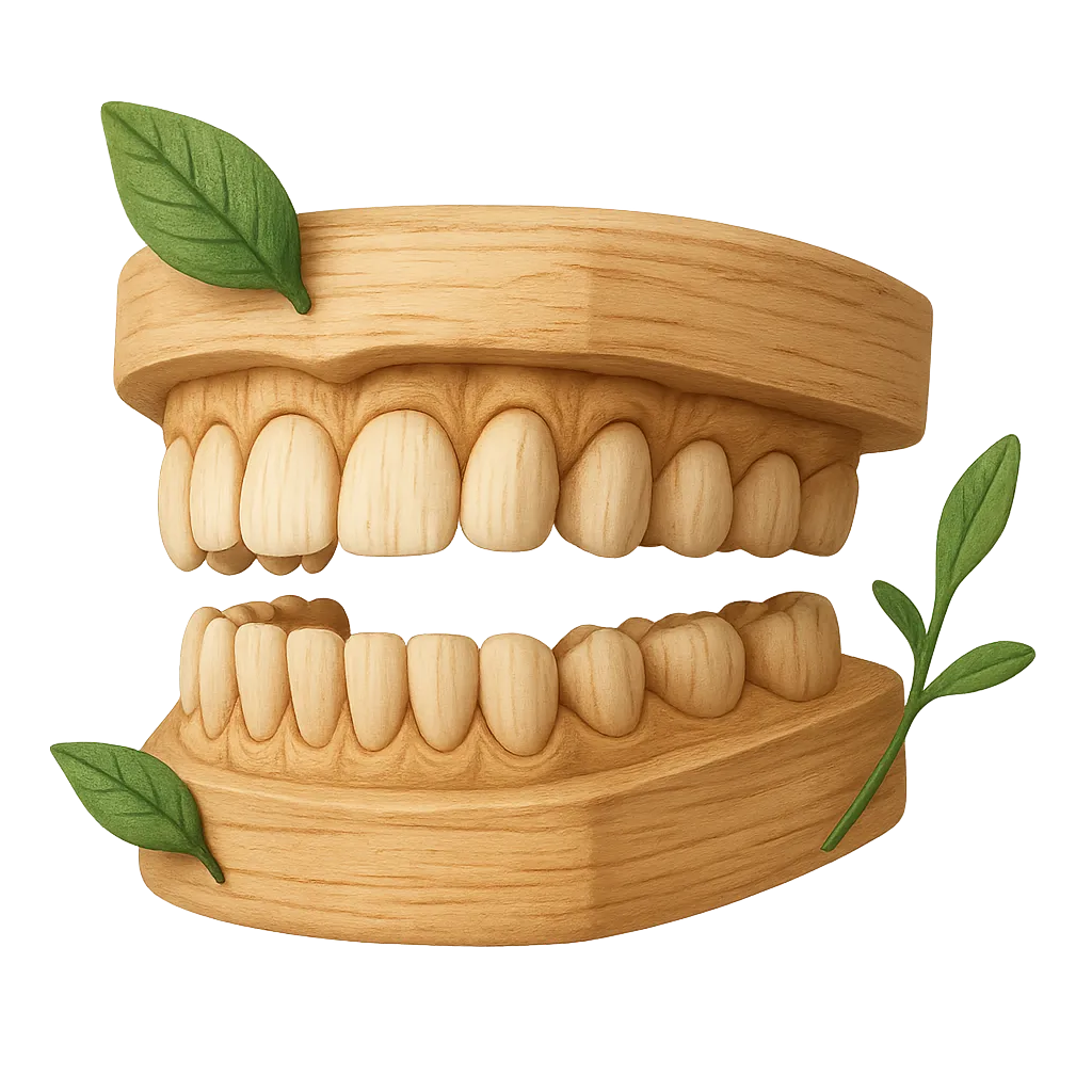 Wooden teeth model with green leaves, dental health concept