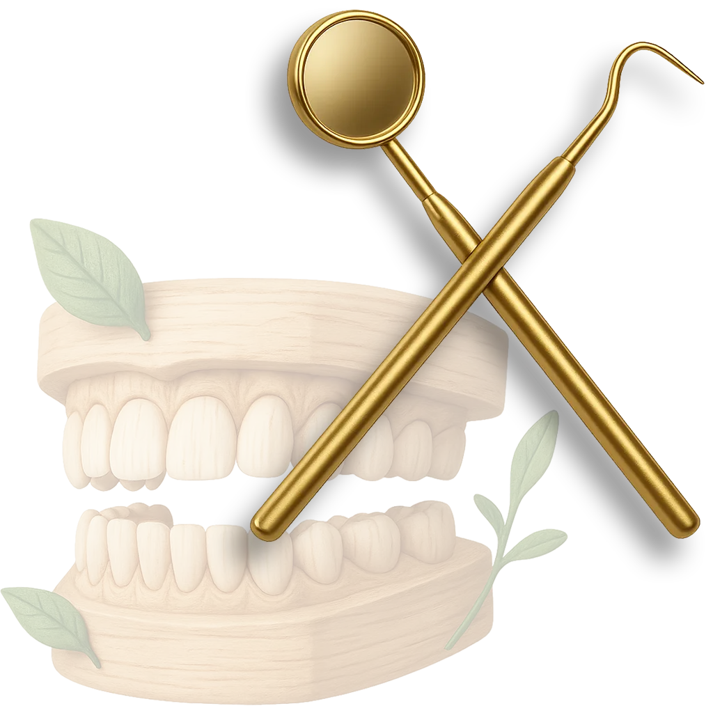 Golden dental tools on teeth model with green leaves