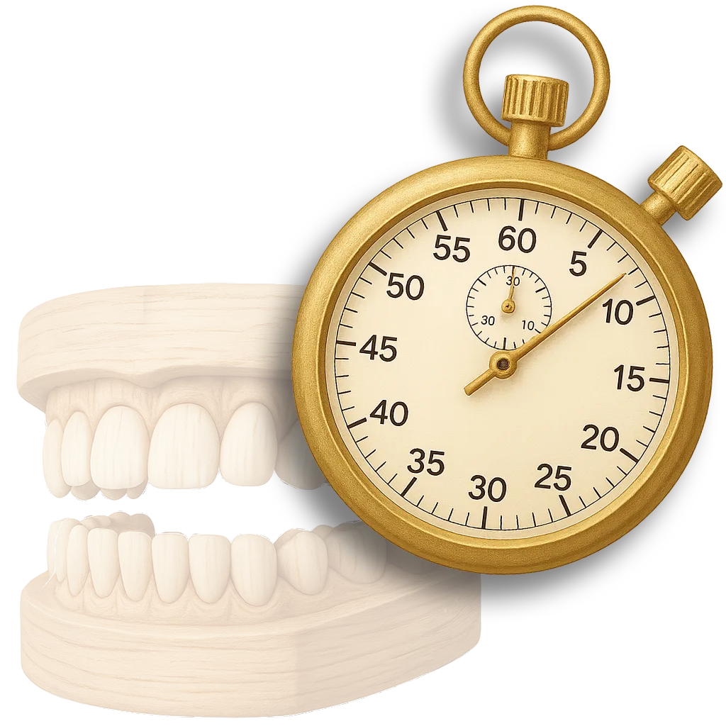 Gold stopwatch next to dental model measuring time