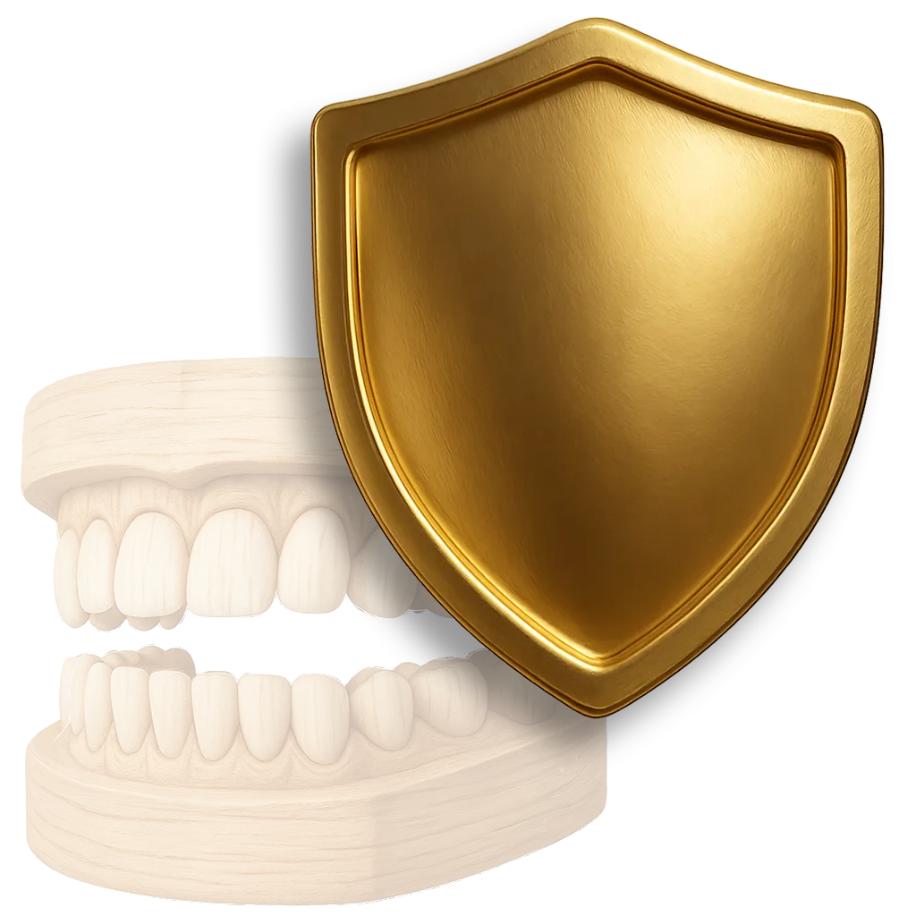 Golden shield protecting dental model, symbolizing tooth protection