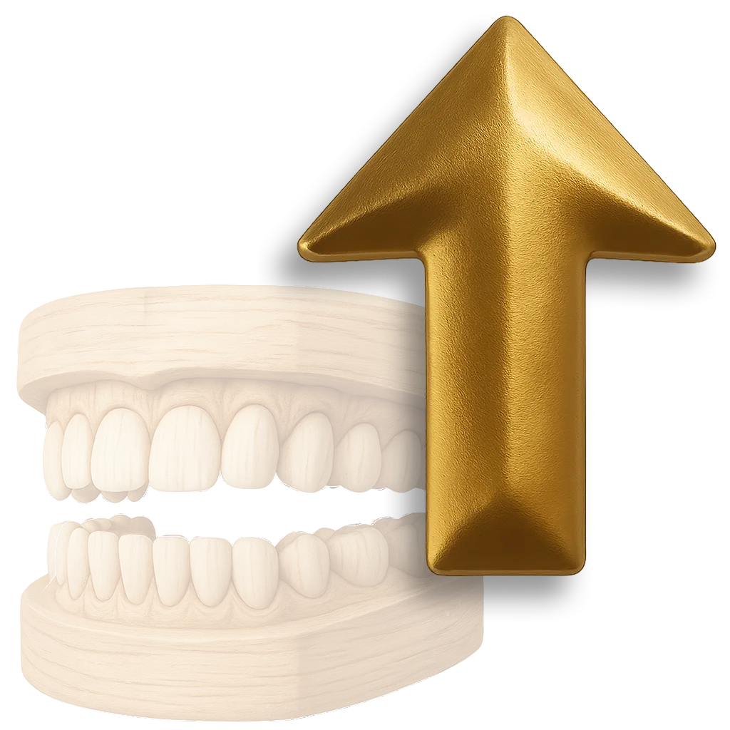 Golden upward arrow with dental model showing tooth improvement