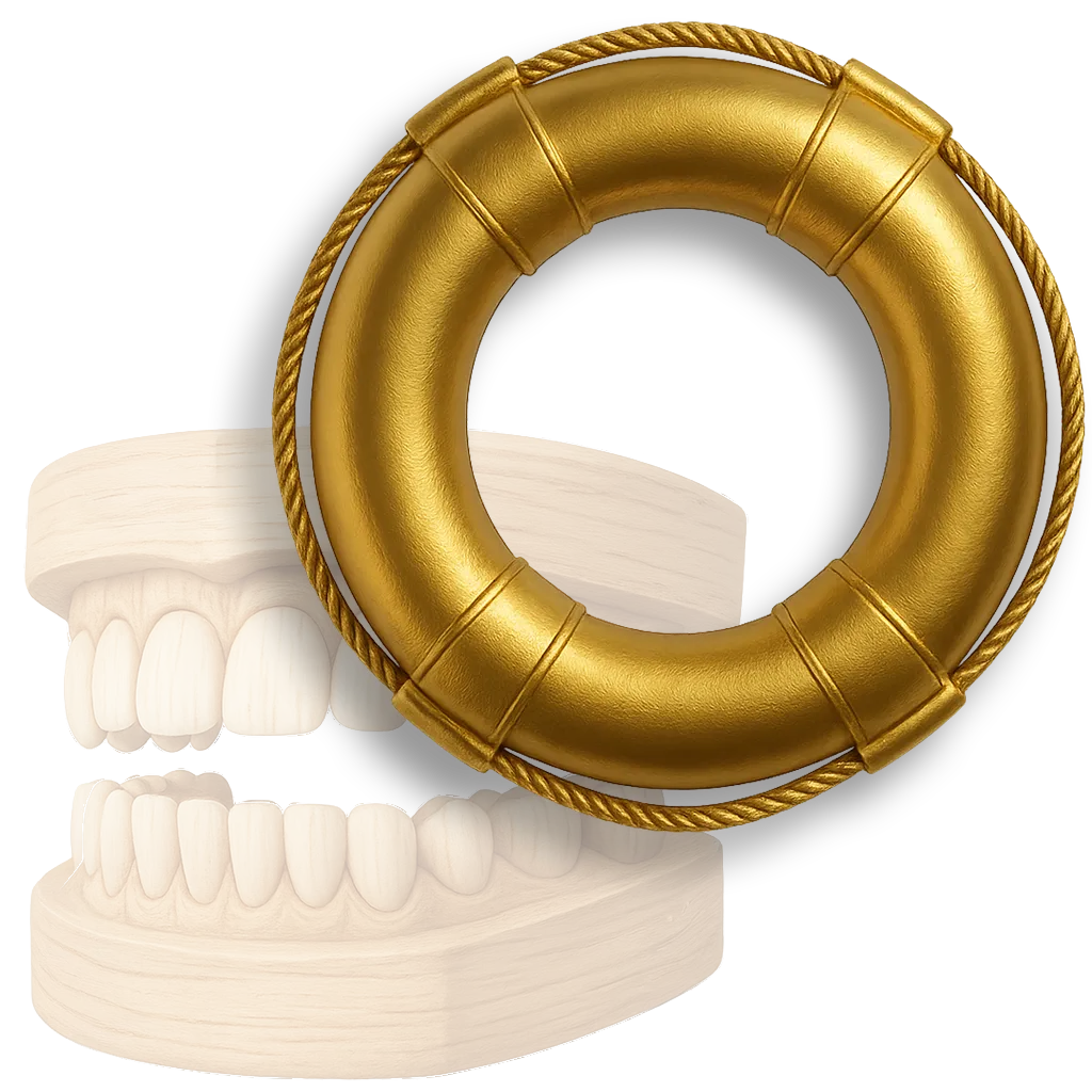 Golden life preserver with rope trim beside dental model