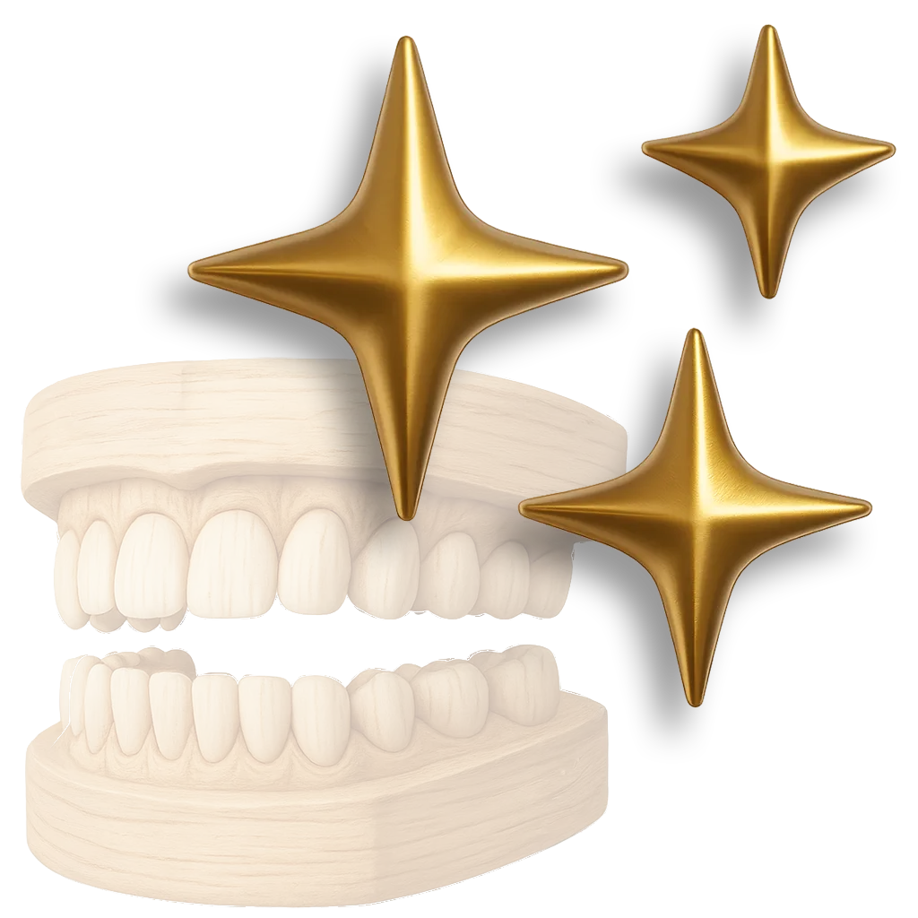 Golden star-shaped decorations next to dental model or teeth impression