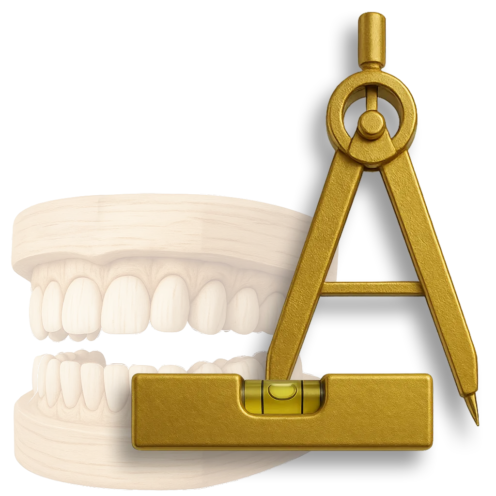 Golden compass and level tool with dental teeth model