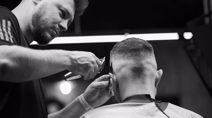 топ-майстрб барбер Роман робить стрижку клієнту в барбер шопі Mr Cash