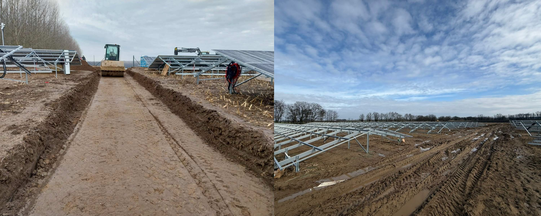 Zwei nebeneinander angeordnete Fotos einer Baustelle für einen Solarpark. Links ein verdichteter Erdweg mit Walze zwischen montierten Solarpanelreihen, rechts ein weiter Blick über ein schlammiges Feld mit zahlreichen Metallgestellen für Solarmodule.