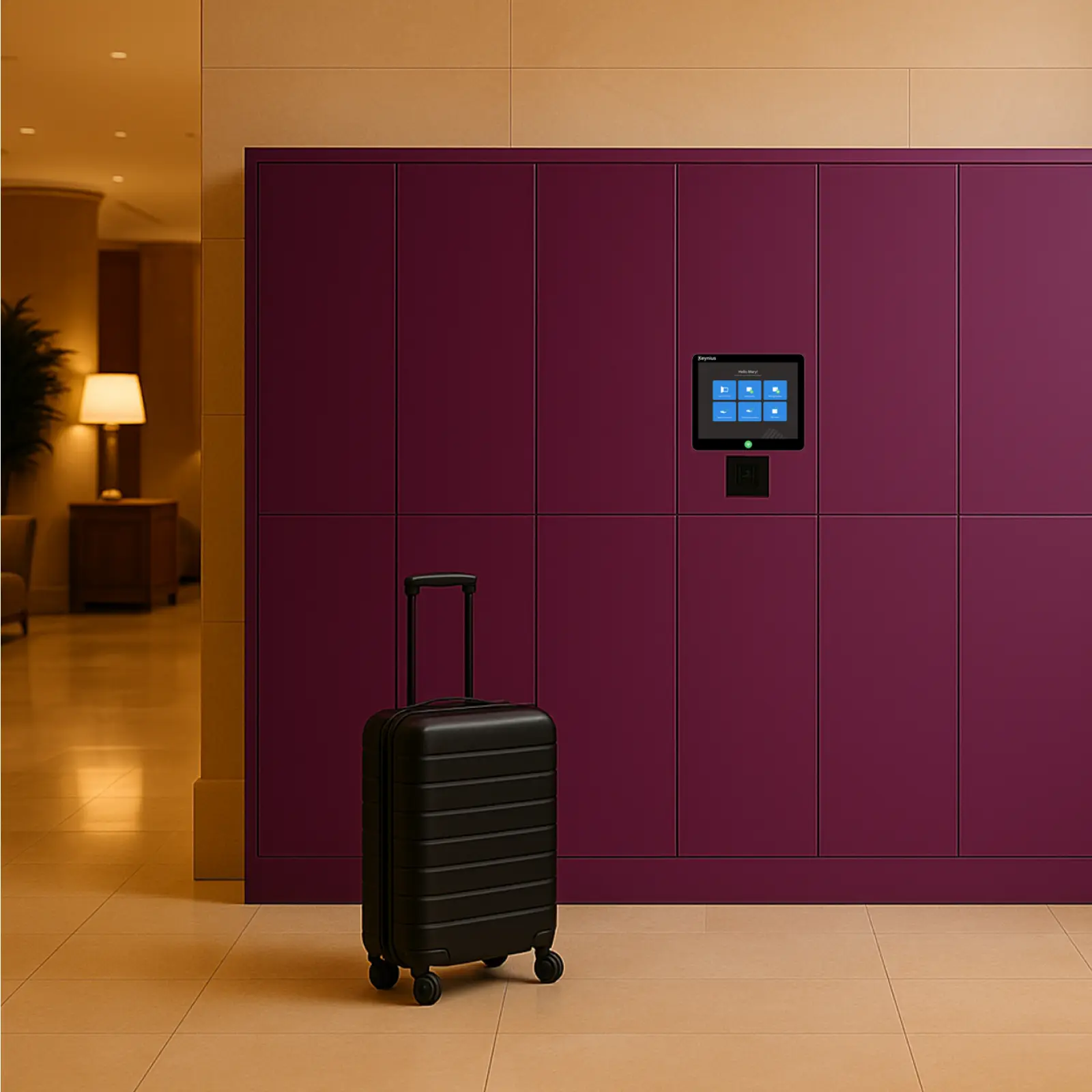Black piece of luggage in front of an aubergine smart locker at a modern hotel