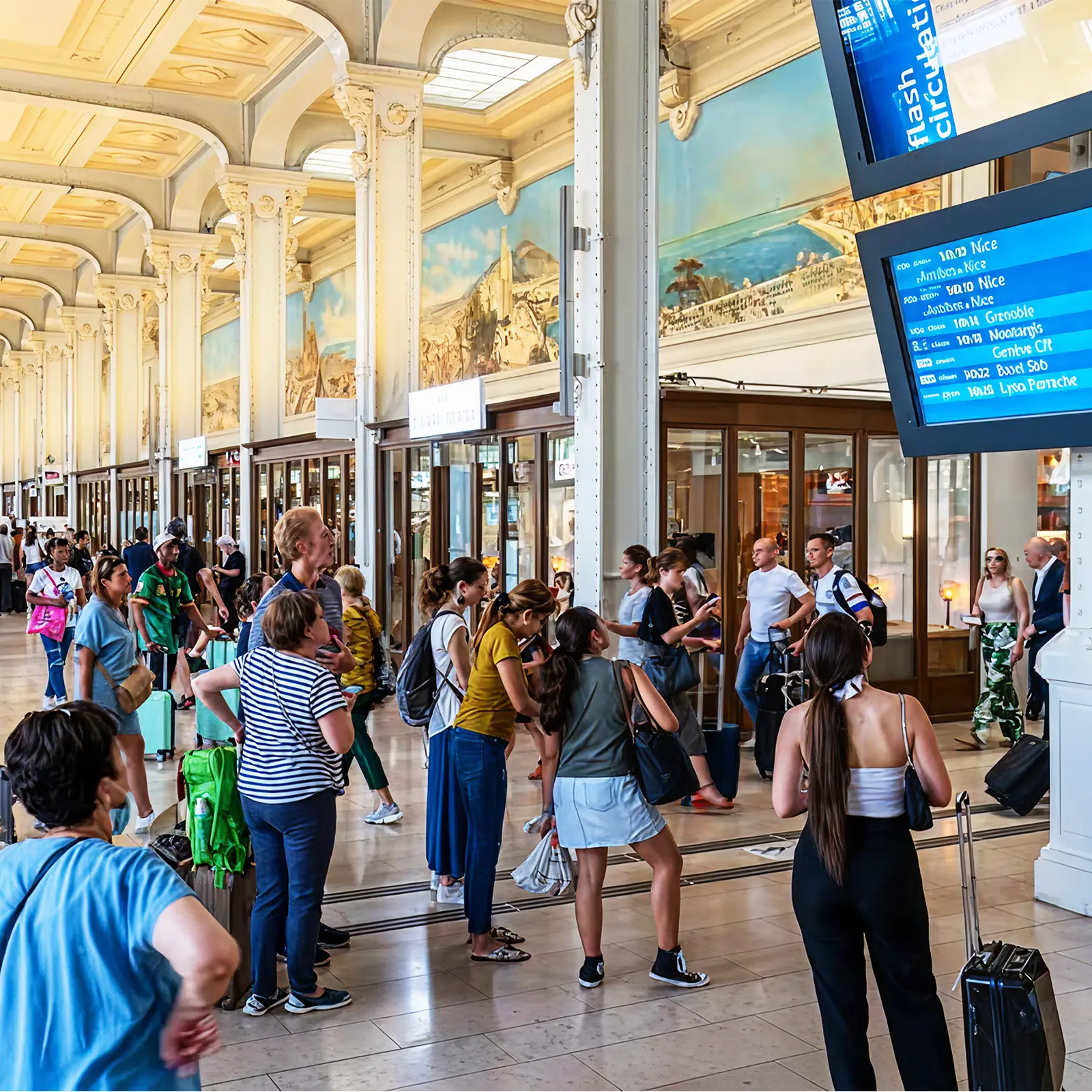 People standing at a train station, looking up at a board
