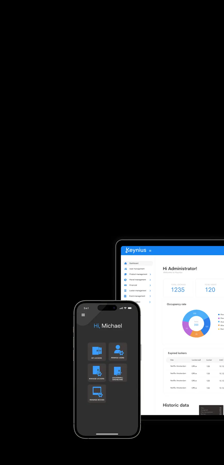Mobile and desktop screens that showcase Keynius' back office software