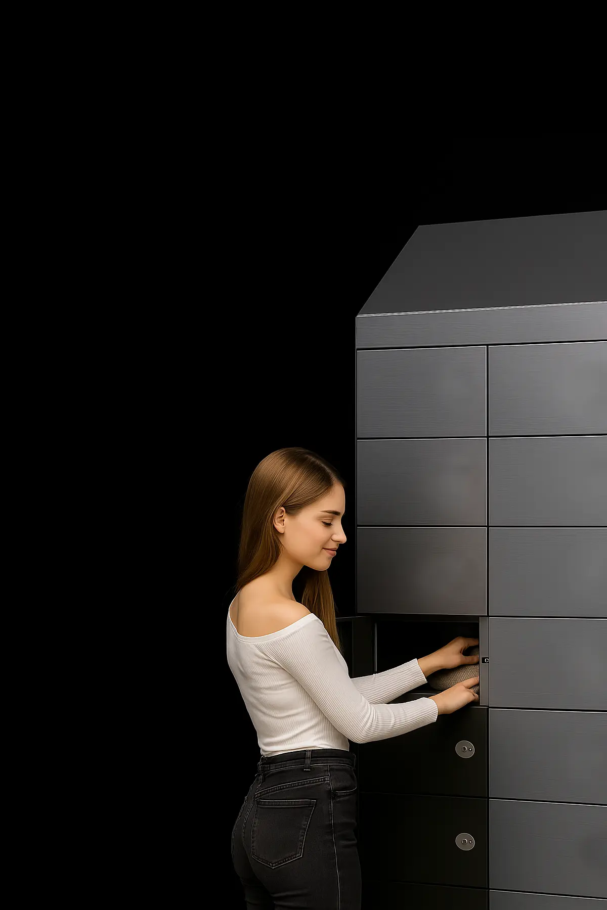 Young woman accessing a smart locker to gather her personal belongings
