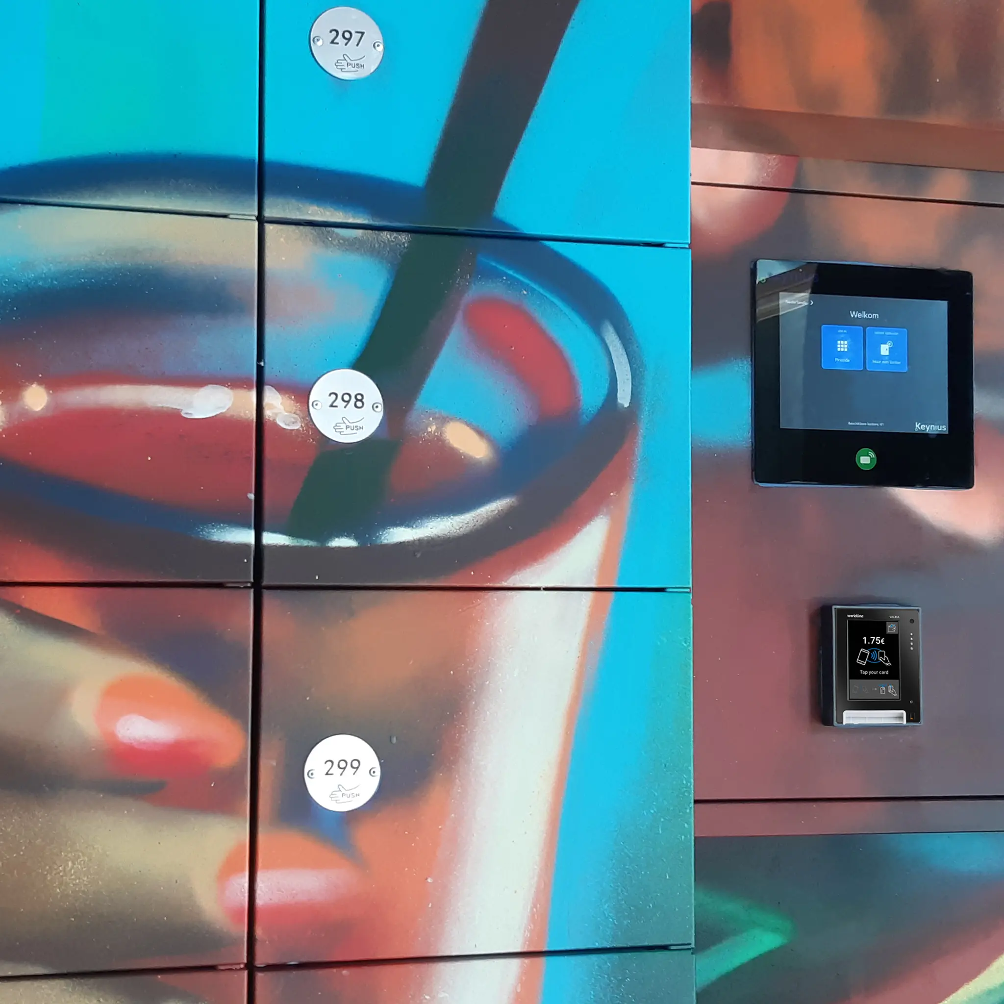 Smart lockers with a custom vinyl wrap, with the terminal to access and pay in the background