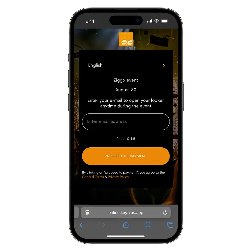 Mobile screen of Ziggo Dome's prompt to access a locker via email address