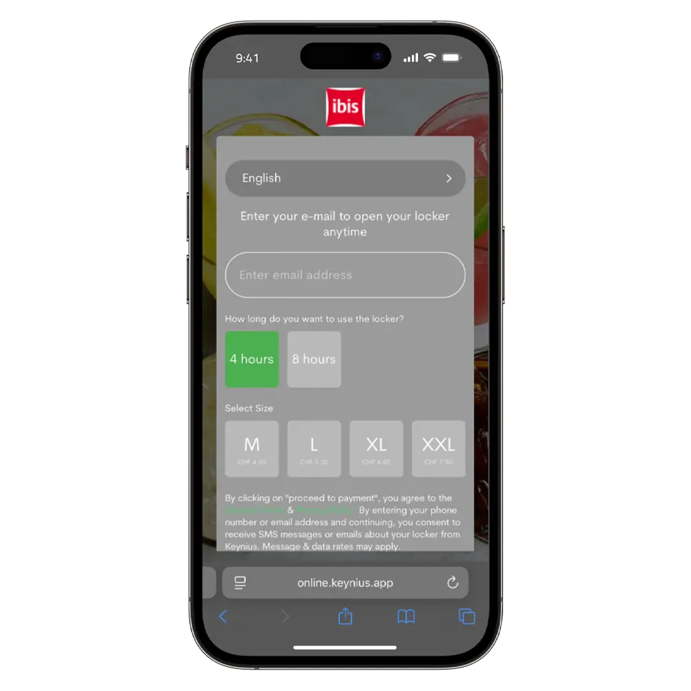 Smart locker rental step to choose a locker size on a mobile screen
