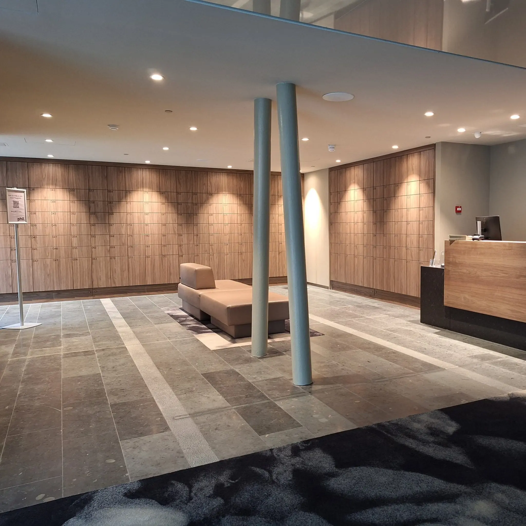 Self-serve wooden lockers at a venue