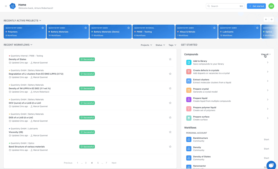 Quantistry materials simulation platform dashboard with intuitive interface and insights, showing workflows for polymers, battery materials, alloys, lubricants, and optics in AI-driven R&D.