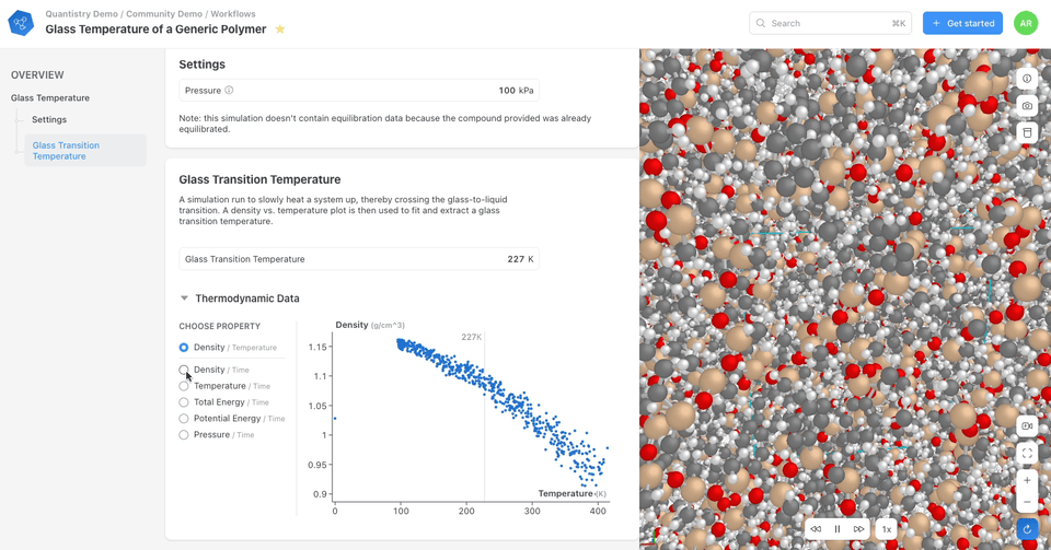 Quantistry AI orchestration and learning layer interface showing polymer glass transition simulation, with quantum and physics simulation engine and synthetic data for accurate, accelerated R&D