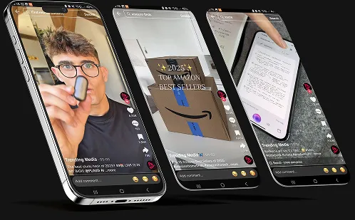 Three smartphones showing different images of a man.