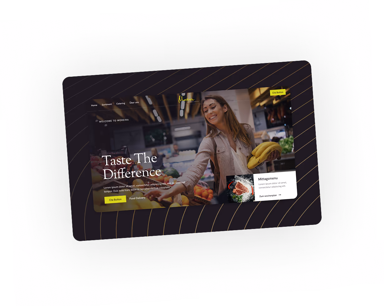 Glückliche Frau mit Bananen in einem Lebensmittelladen auf der Webseite von Moreira mit dem Text 'Taste The Difference'.