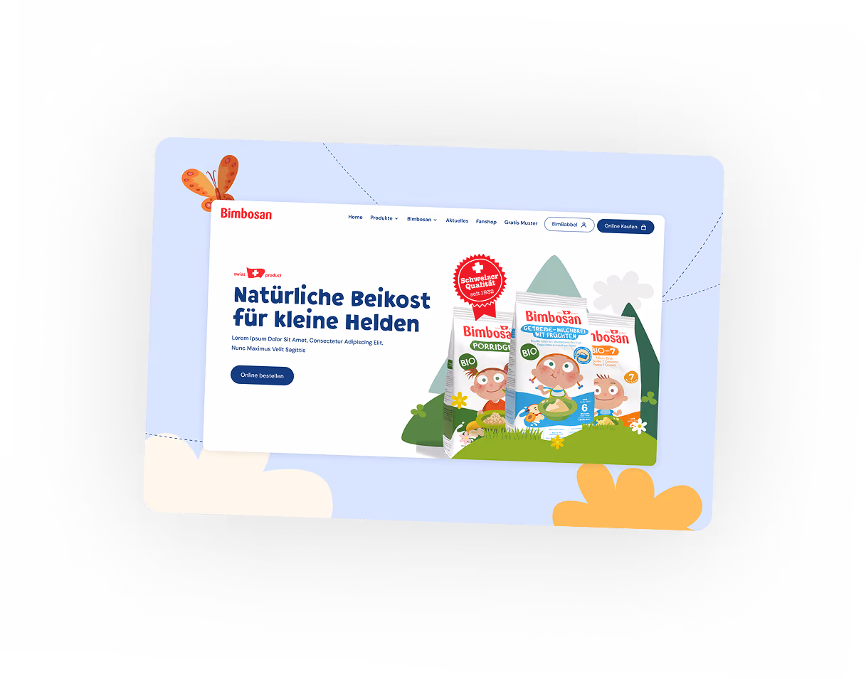 Webseite der Marke Bimbosan zeigt natürliche Beikost für Kleinkinder mit Produktverpackungen und dem Slogan ‚Natürliche Beikost für kleine Helden‘.