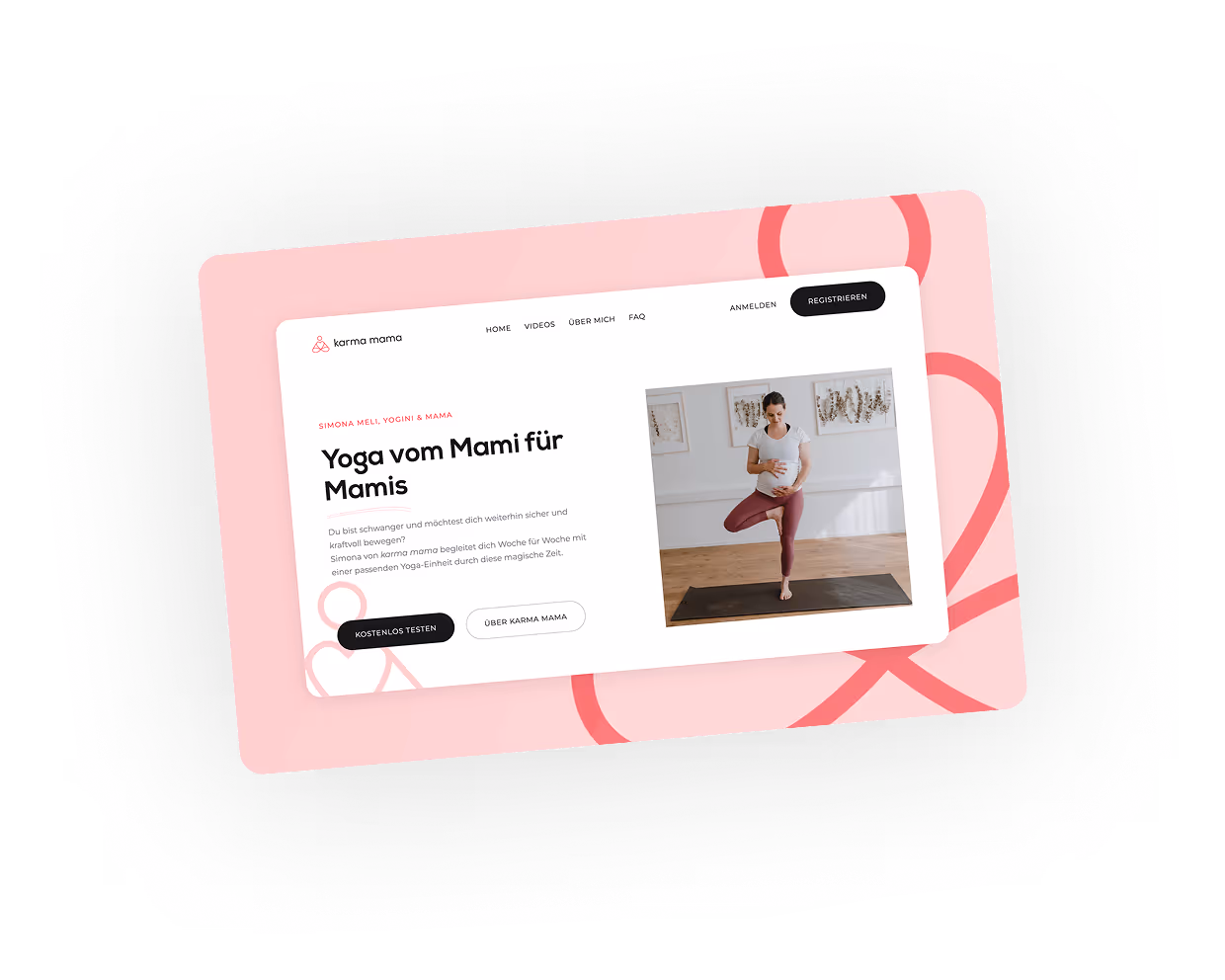 Webseite von Karma Mama mit einer schwangeren Frau in Yoga-Pose auf einer Matte in einem hellen Raum.