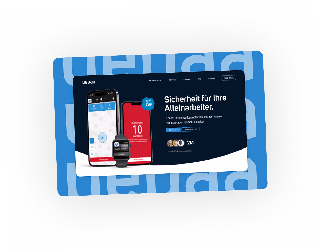 Screenshot einer Webseite von uepaa mit Sicherheitslösung für Alleinarbeiter, zeigt zwei Smartphones und eine Smartwatch mit Notfall-Apps.