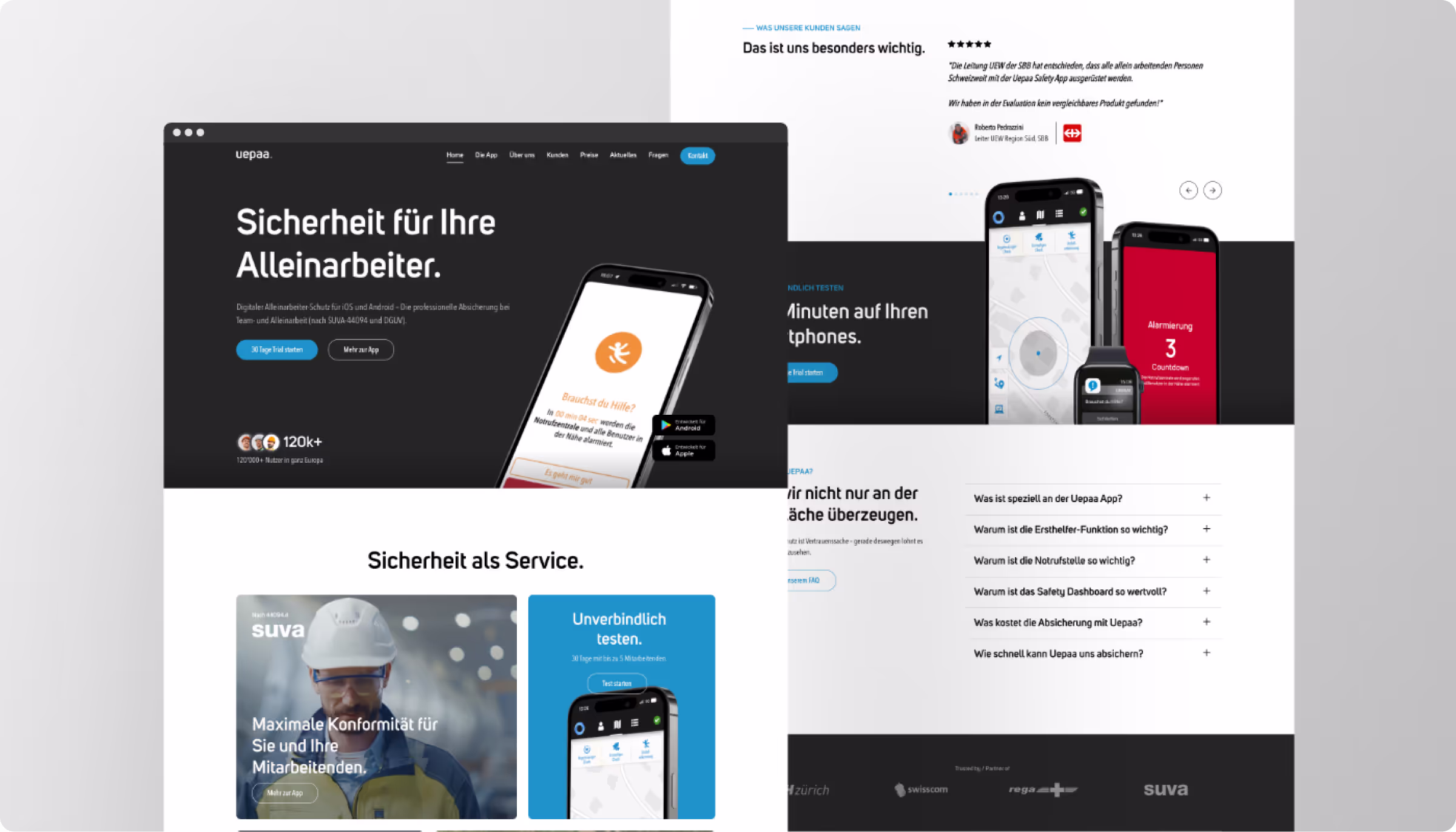 Screenshot der Uepaa-Website mit dem Slogan Sicherheit für Ihre Alleinarbeiter, Anzeige der App auf einem Smartphone und Abschnitten zu Testoptionen, Kundenbewertungen und häufig gestellten Fragen.