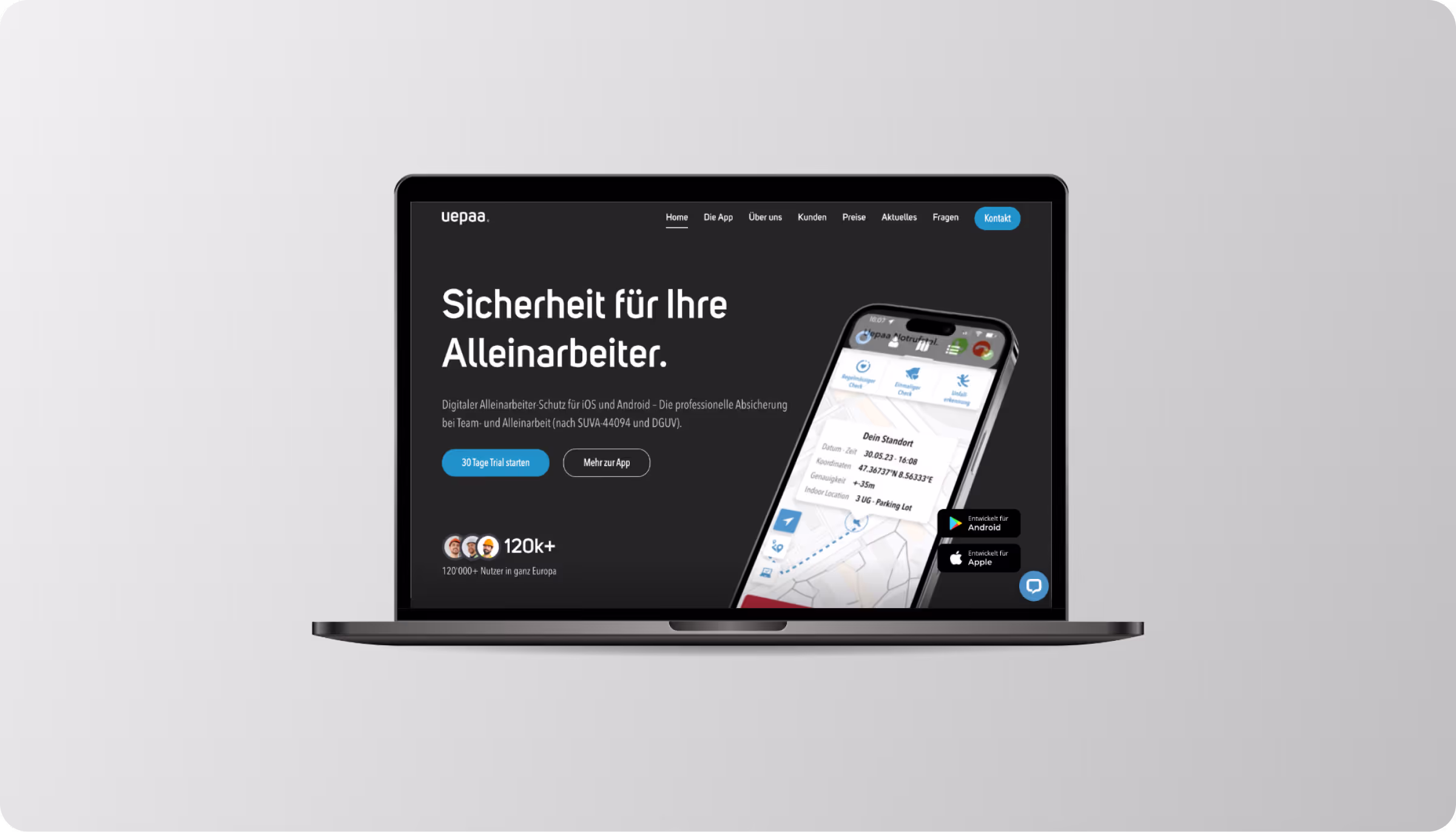 Laptop mit geöffneter Webseite der Firma Uepaa, die Sicherheitslösungen für Alleinarbeiter anbietet, inklusive mobile App-Darstellung und Navigation.
