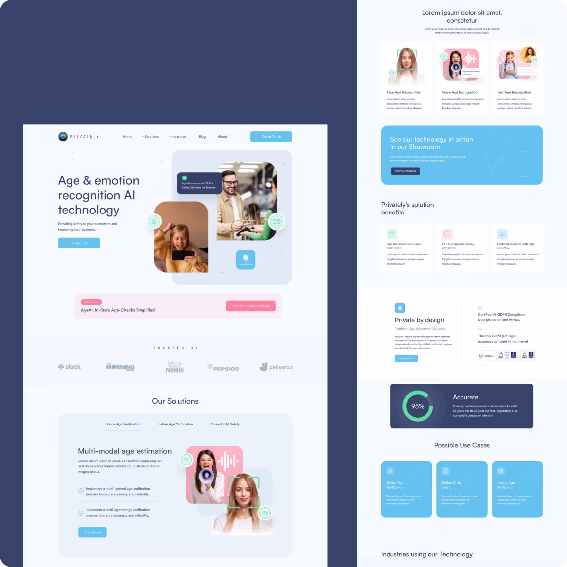 Webseite präsentiert Alters- und Emotionserkennung mit KI-Technologie, Lösungen und Vorteile mit Bildern und Grafiken.